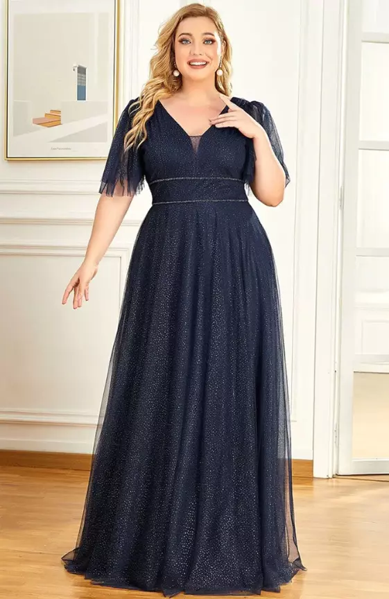 Plus Size V Neck Tulle Formal Evening Dress with Ruffle Sleeves
