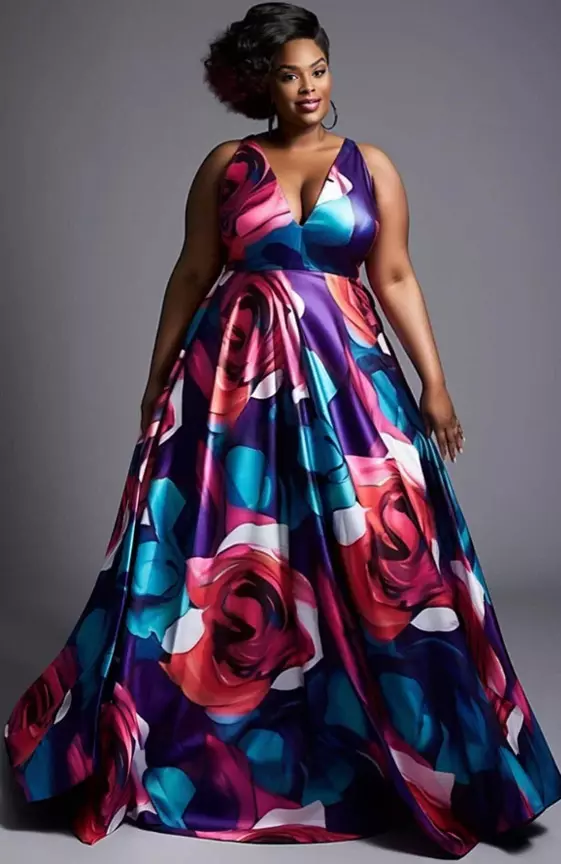 Xpluswear Design Plus Size Formal Elegant Multicolor Floral V Neck Satin Maxi Dresses
