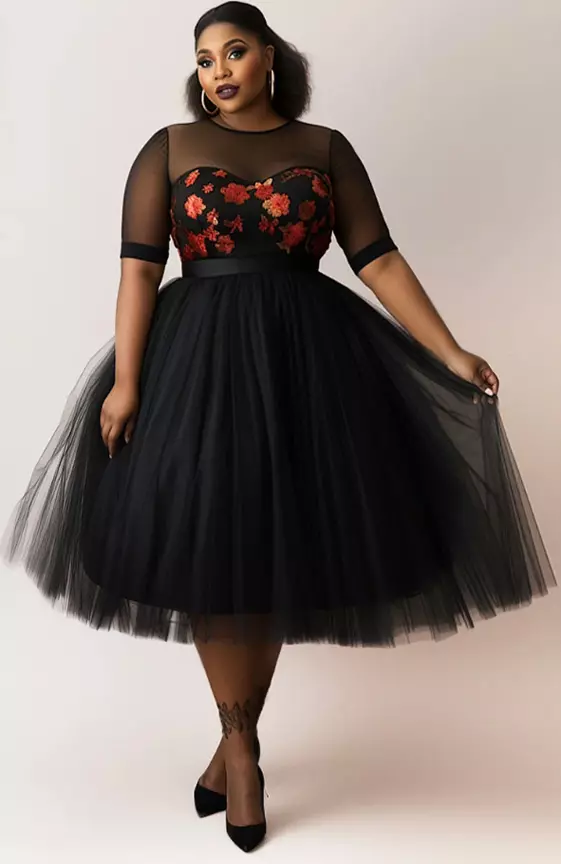 Xpluswear Design Plus Size Semi Formal Elegant Black Floral Round Neck Short Sleeve See Through Mesh Midi Dresses
