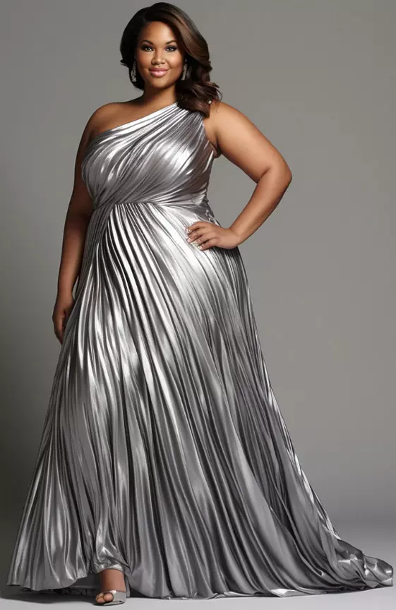 Xpluswear Design Plus Size Formal Elegant Silver Oblique Collar One Shoulder Pleated Glitter Maxi Dresses
