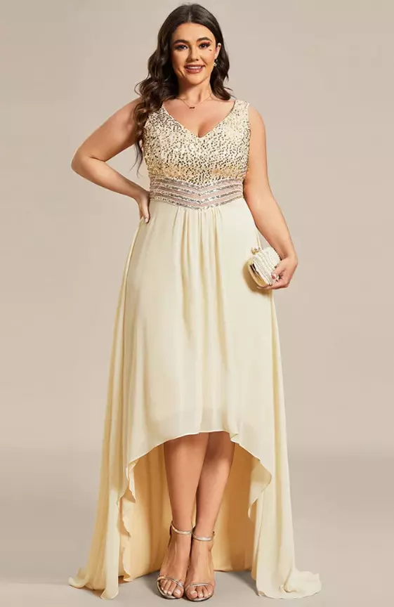 Elegant Paillette & Chiffon V-neck A-line Sleeveless Plus Size Formal Evening Dresses
