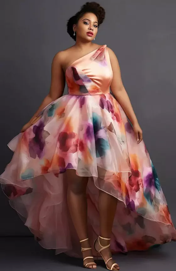 Xpluswear Design Plus Size Semi Formal Elegant Pink Floral Oblique Collar One Shoulder Irregular Hem Tulle Maxi Dresses
