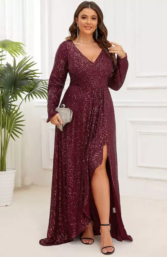 Plus Size Sequin V-Neck Long Sleeve High Slit Bodycon Evening Dress
