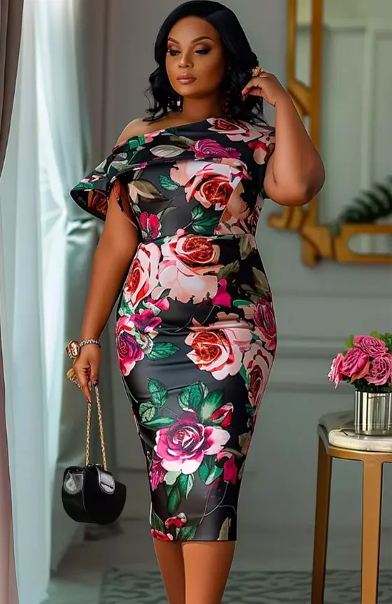Xpluswear Design Plus Size Formal Black Floral Oblique Collar Midi Dresses
