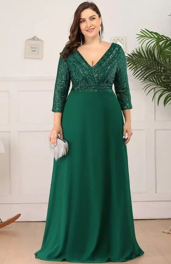 Plus Size V Neck A-Line Sequin Formal Evening Dress with Sleeve
