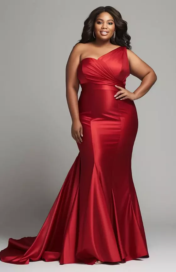 Xpluswear Design Plus Size Formal Elegant Red Oblique Collar Mermaid Satin Maxi Dresses
