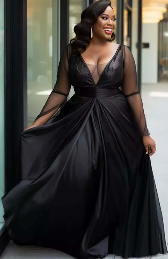 Xpluswear Design Plus Size Formal Elegant Black V Neck Long Sleeve See Through Satin Maxi Dresses
