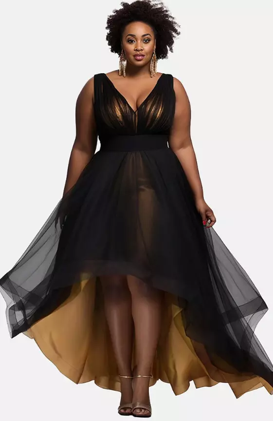 Xpluswear Design Plus Size Formal Black V Neck Asymmetric Hem Fold Tulle Midi Dresses
