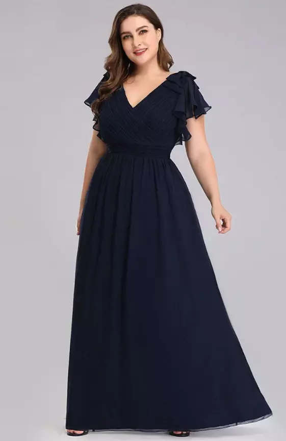 Plus Size Ruched Bodice Formal Evening Dresses with Ruffles Sleeves
