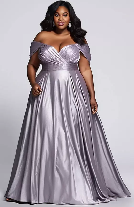 Xpluswear Design Plus Size Formal Elegant Purple Off The Shoulder Fold Glitter Maxi Dresses
