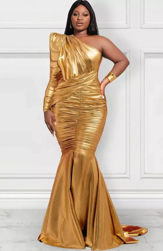 Xpluswear Design Plus Size Gold Formal One Shoulder Long Sleeve Metallic Glitter Sheen Fold Mermaid Maxi Dresses
