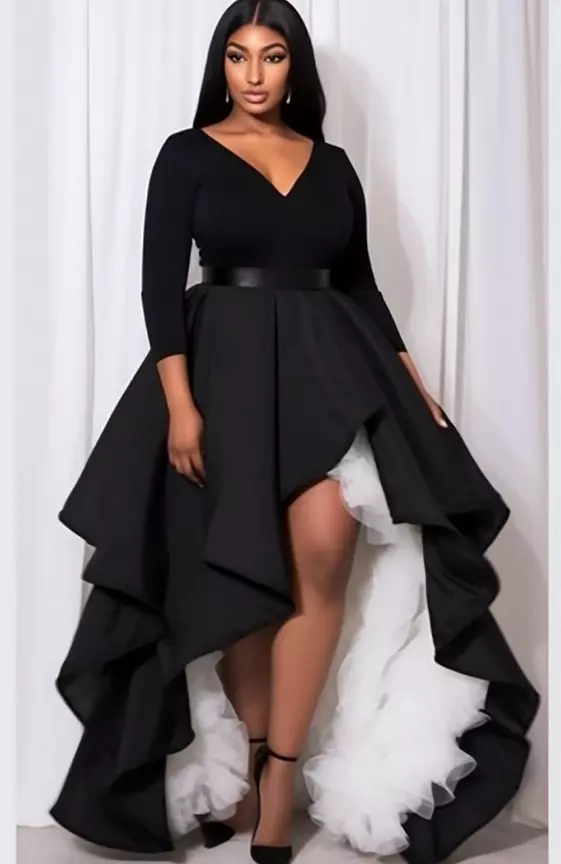 Xpluswear Design Plus Size Semi Formal Maxi Dresses Elegant Black Fall Winter V Neck 3/4 Sleeve Contrast Knitted Maxi Dresses
