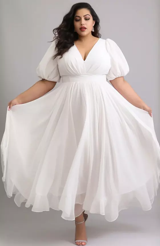 Xpluswear Design Plus Size Semi Formal Elegant White V Neck Puff Sleeve Short Sleeve Tulle Maxi Dresses
