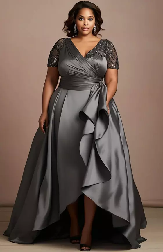 Xpluswear Design Plus Size Mother Of The Bride Grey Wrap Neck Short Sleeve Drilling Asymmetric Hem Satin Maxi Dresses

