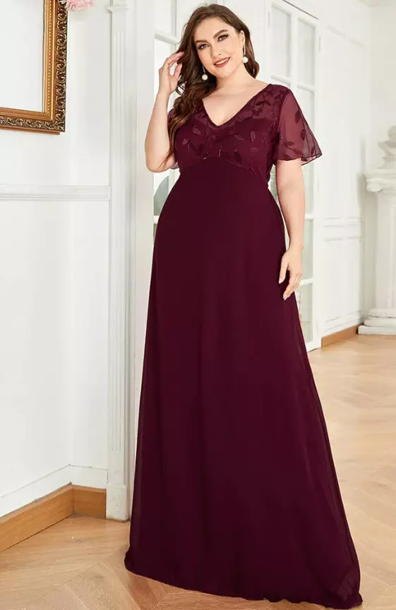 Plus Size V Neck Long Empire Formal Dresses with Sleeves
