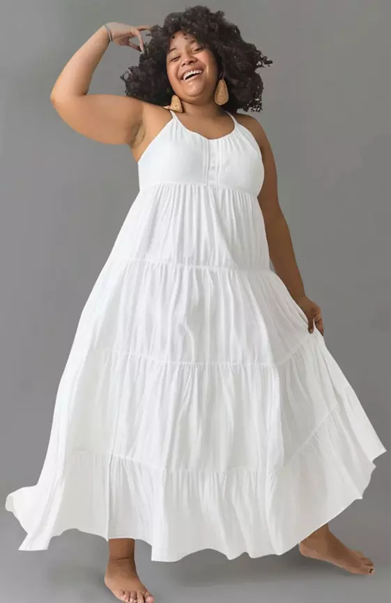 Xpluswear Design Plus Size Beach White U Neck Fold Linen Maxi Dresses
