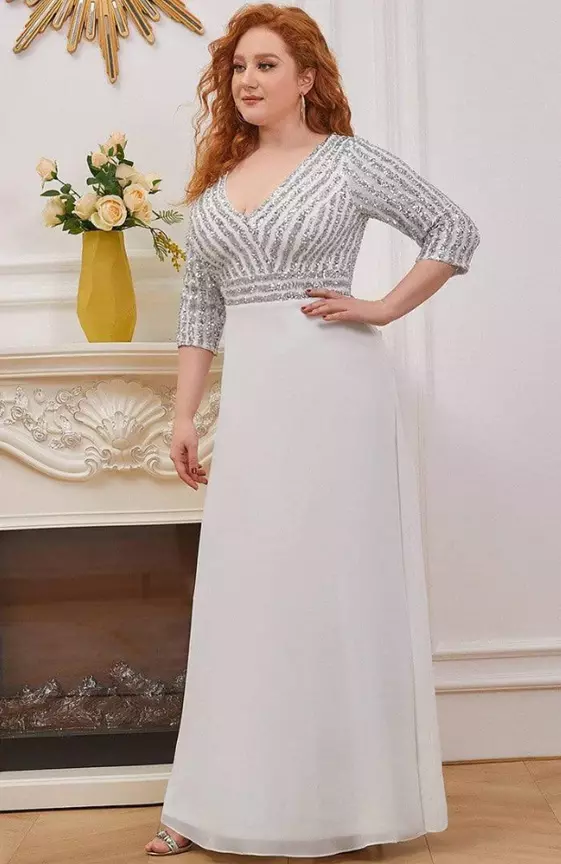 Plus Size V Neck A-Line Sequin Formal Evening Dress with Sleeve
