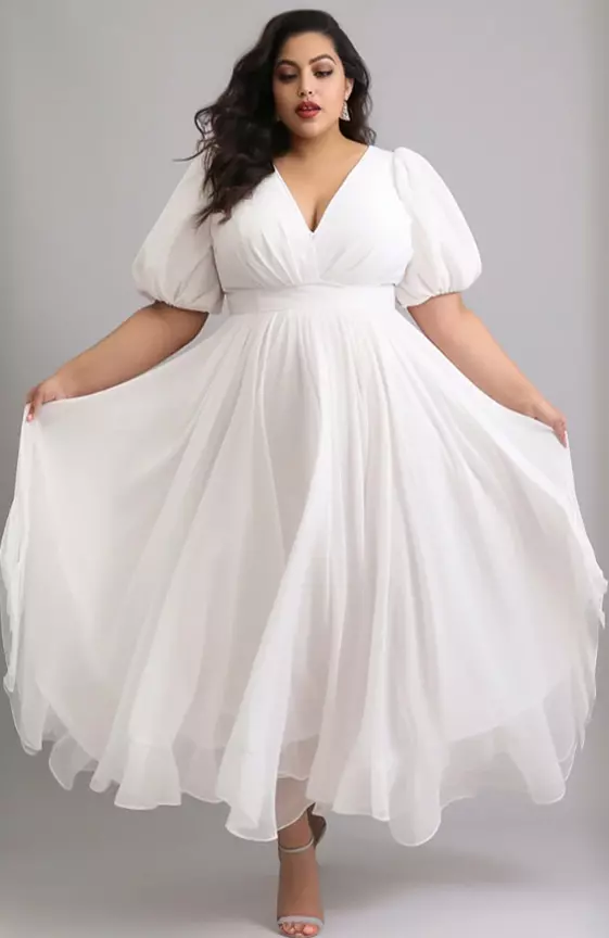 Xpluswear Design Plus Size Semi Formal Elegant White V Neck Puff Sleeve Short Sleeve Tulle Maxi Dresses
