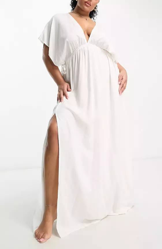 ASOS DESIGN Curve flutter sleeve maxi beach dress with channeled tie waist in white
