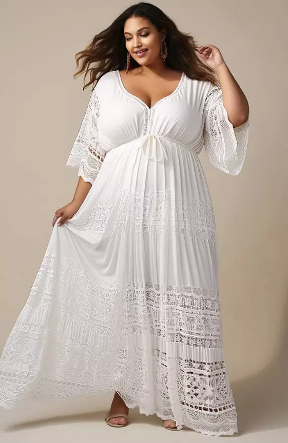 Xpluswear Design Plus Size Daily White V Neck 3/4 Sleeve See Through Lace Maxi Dresses
