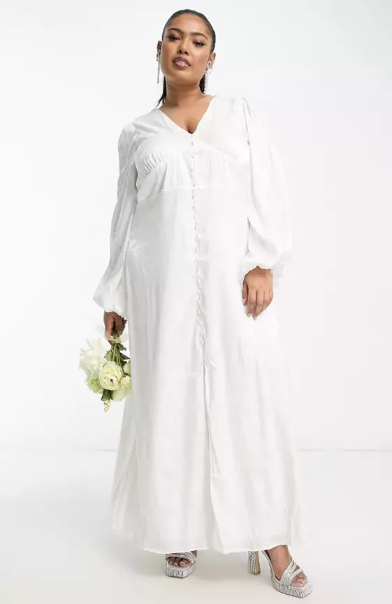 Vila Curve Bridal jacquard button through maxi dress with balloon sleeves in white
