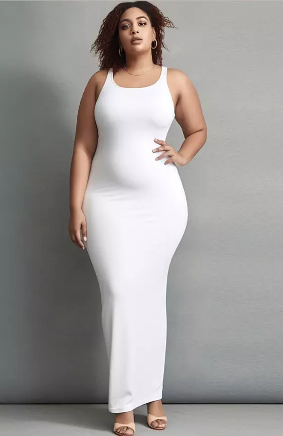 Xpluswear Design Plus Size Casual White Round Neck Slim Fit Vest Maxi Dress
