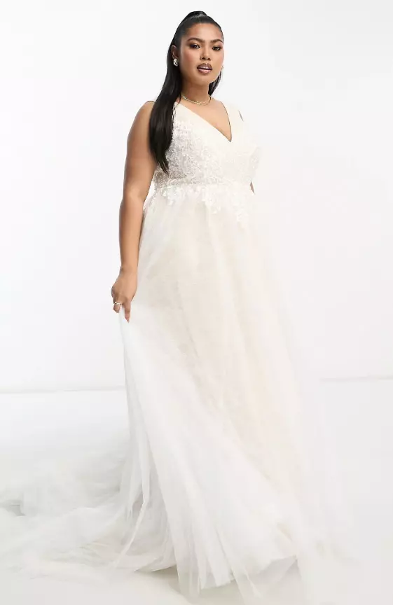 ASOS DESIGN Curve Sienna bead and embroidered plunge bodice wedding dress with lace underlay in ivory
