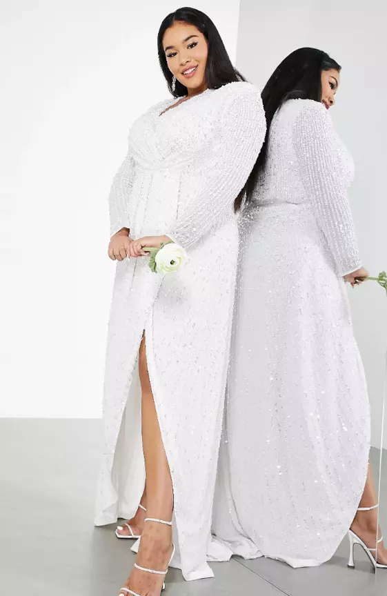 ASOS DESIGN Curve Nola pleated plunge wrap wedding dress in sequin
