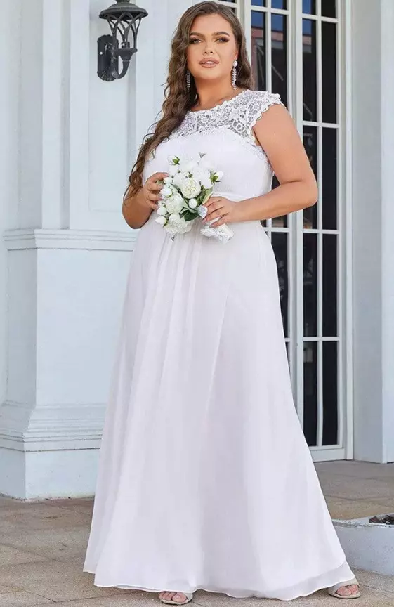 Plus Size Elegant Maxi Long Lace Cap Sleeve Bridesmaid Dress
