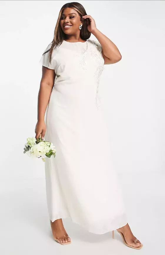 Hope & Ivy Plus Bridal tie back embroidered maxi dress in ivory
