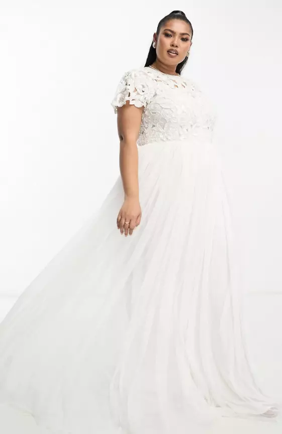 ASOS DESIGN Curve Isabelle sequin cutwork bodice maxi wedding dress with cap sleeve in ivory
