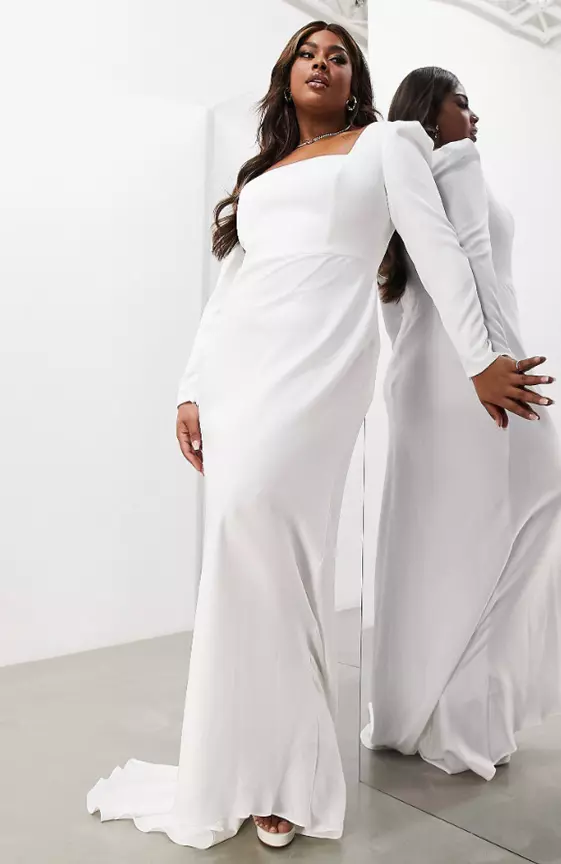 ASOS DESIGN Curve Gigi satin square neck long sleeve wedding dress in ivory
