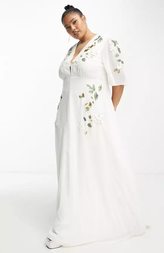 Hope & Ivy Plus embellished plunge flutter sleeve maxi dress in cream