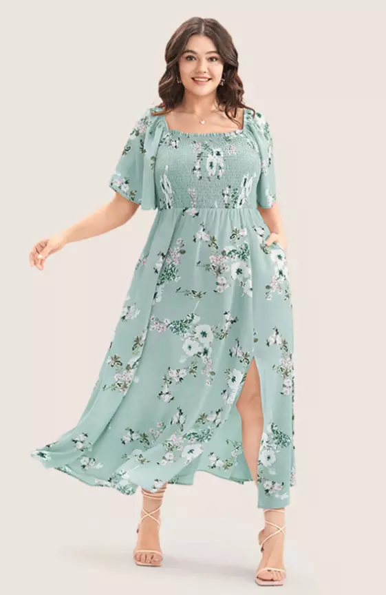 Floral Square Neck Ruffles Pocket Shirred Split Dress
