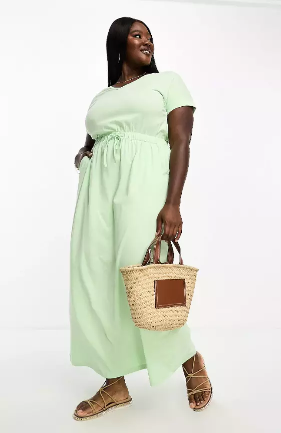 Yours Exclusive maxi t-shirt dress with drawstring waist in sage green

