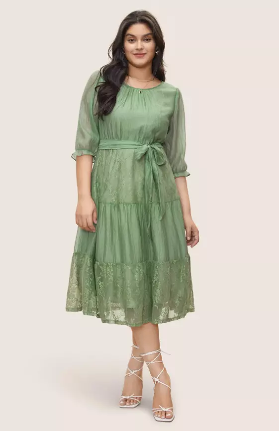 Tiered Lace Patchwork Belted Gathered Dress
