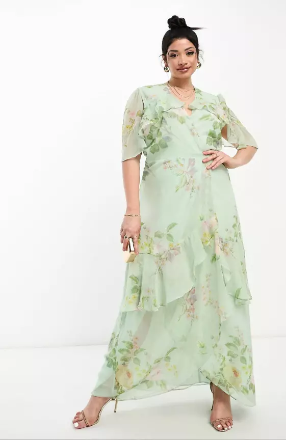 Hope & Ivy Plus tiered ruffle wrap maxi dress in sage green
