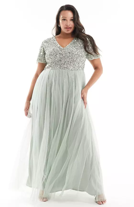 Maya Plus Bridesmaid short sleeve maxi tulle dress with tonal delicate sequins in sage green
