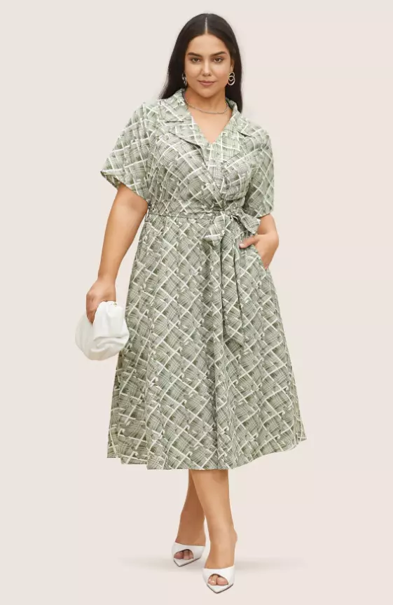 Geometric Suit Collar Button Up Belted Dress
