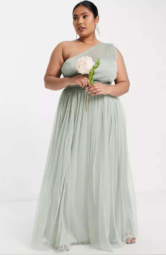 Anaya With Love Plus Bridesmaid tulle one shoulder maxi dress in sage green
