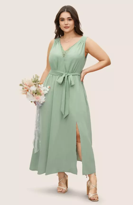 Lace Panel Split Front Sleeveless Belted Dress
