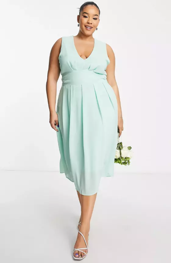 TFNC Plus Bridesmaid chiffon v front midi dress with pleated skirt in fresh sage
