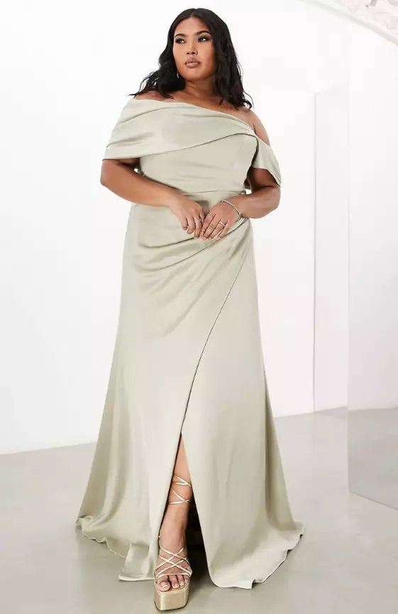 ASOS DESIGN Bridesmaid Curve satin bardot drape wrap maxi dress in sage green
