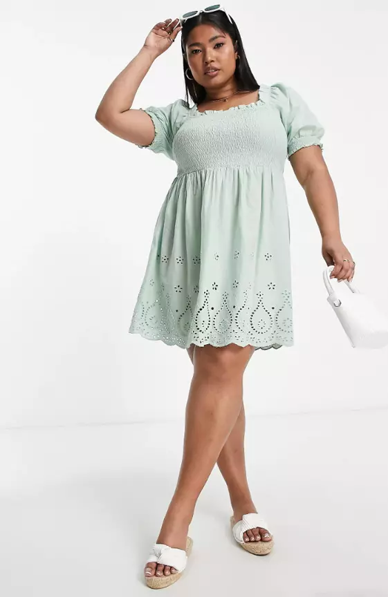Yours square neck shirred eyelet mini dress in sage
