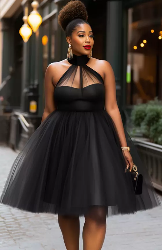 Xpluswear Design Plus Size Cocktail Party Black Halter Collar See Through Tulle Mini Dresses
