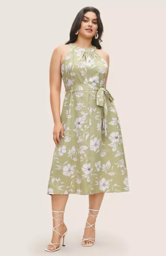 Floral Print Halter Cut Out Belted Dress
