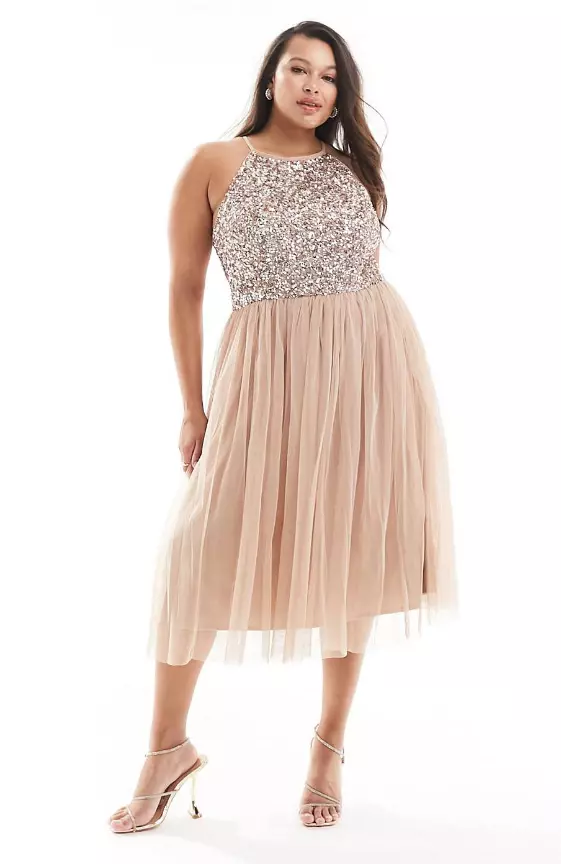 Maya Plus Bridesmaid halter neck midi tulle dress with sequins in muted blush
