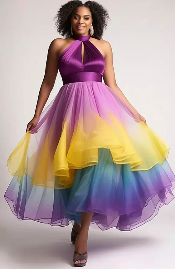 Xpluswear Design Plus Size Semi Formal Elegant Purple Colorblock Halter Collar Cut Out Layered Tiered Tulle Maxi Dresses
