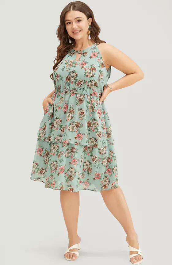 Floral Pocket Ruffle Tiered Keyhole Knotted Halter Dress
