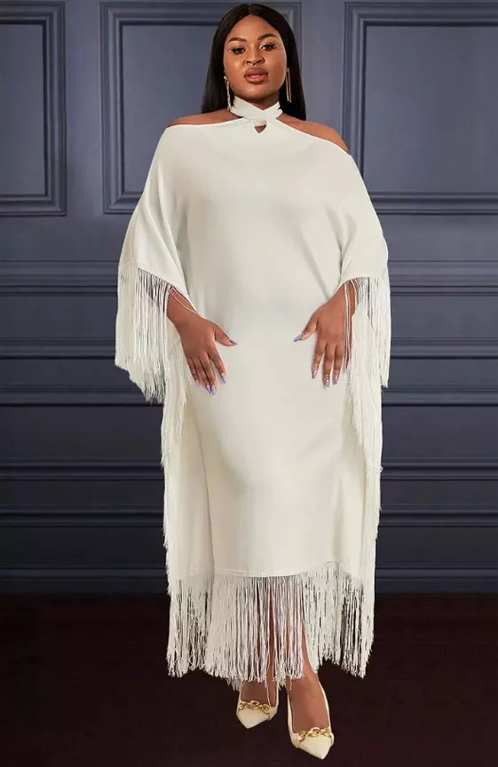 Xpluswear Design Plus Size Daily Midi Dresses Elegant White Fall Winter Halter Collar Half Sleeve Strappy Knitted Midi Dresses
